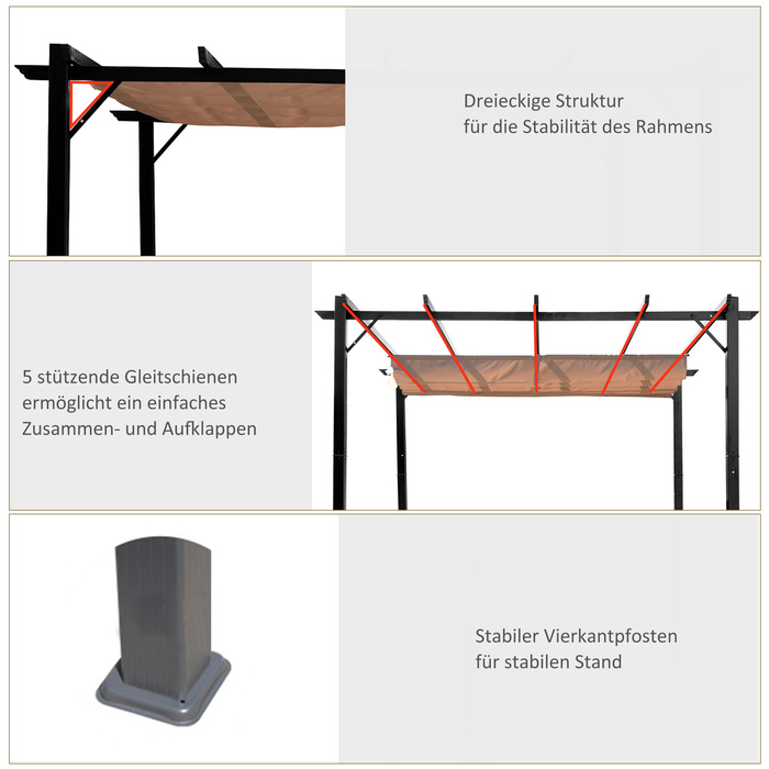 Альтанка Outsunny Pergola 3 x 4 м з регульованим тканинним дахом з алюмінію, сонцезахисним навісом для тераси та саду в сірому та коричневому кольорах