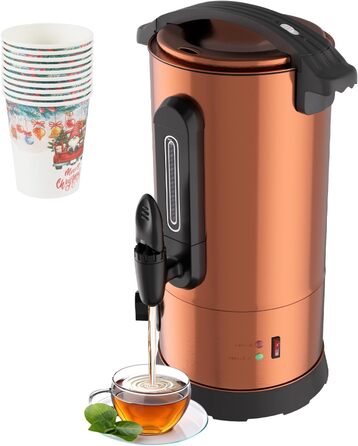 Глювайновий нагрівач 8л з 10 чашками | 1500W диспенсер гарячих напоїв з нержавіючої сталі з термостатом 30–110°C, функція підігріву та виливний кран | Глювайновий автомат для вечірок, мідно-кольоровий 8л