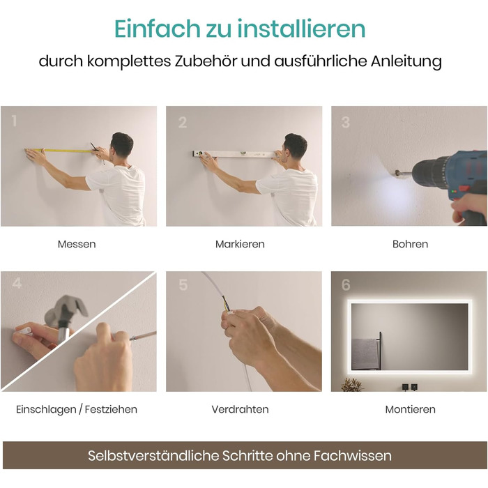 Дзеркало для ванної кімнати EMKE з підсвічуванням 120x60 см, тепле біле світло 3000K, вимикач, антизапар, 2 кольори світла, матовий край