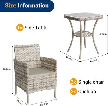 Набір садових меблів UDPATIO Lounge для балкона: стіл та 2 стільці, стійкий до погодних умов, для тераси та саду, поліротанг, 2 особи (кремовий, 3-частинний)