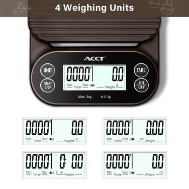 Ваги для кави з таймером – 3 кг/0,1 г, ваги для бариста для еспресо, приготування та кухонного використання, 4 одиниці, високоточні ваги з антиковзким покриттям