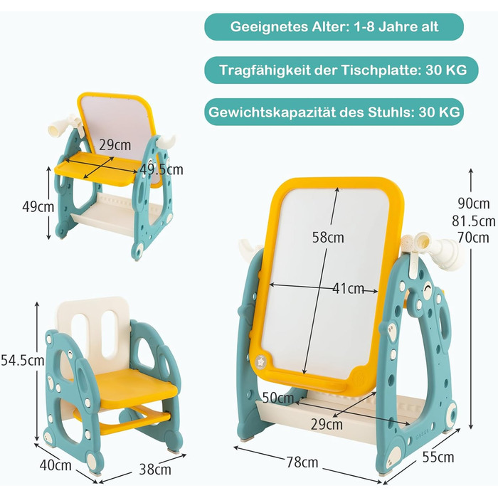Дитячий мольберт GOPLUS 4-в-1 зі стільцем, дошкою для малювання, місцем для зберігання, грою в телескоп і кільце, регулюється по висоті