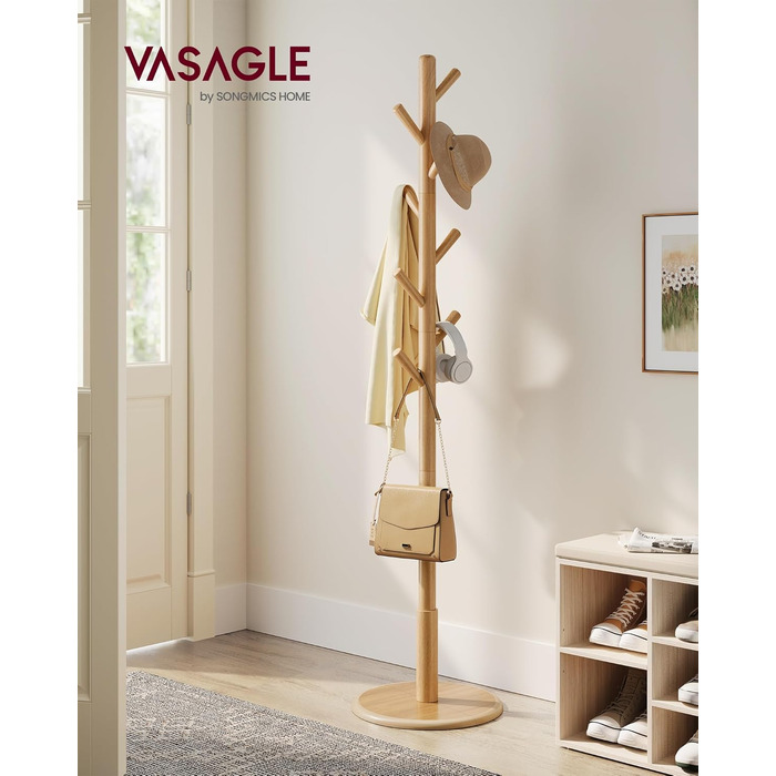 Стійка для одягу VASAGLE, дерев'яна, для вішалок та аксесуарів, 8 гачків, для прихожей, RCR010B01 (натуральний беж)