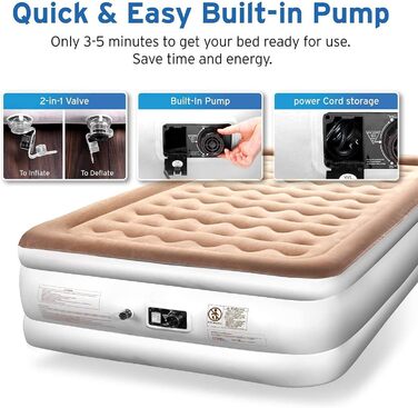 Надувне ліжко Etekcity EAM-ET2/EAM-DQE1: односпальне, для кемпінгу, 203x152x46 см, біле/коричневе