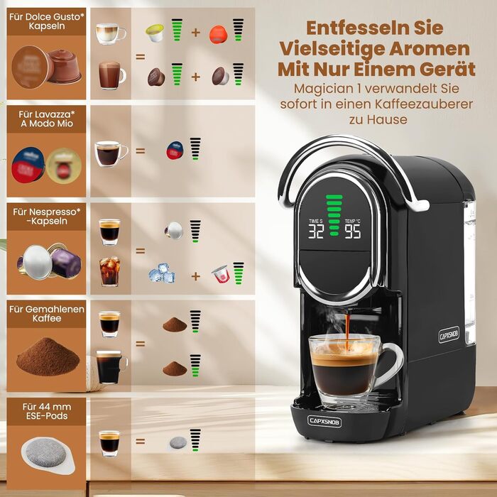 Кавомашина Magician1 Mini Kapselmaschine 5in1 для капсул Nespresso, Dolce Gusto, Lavazza A Modo Mio, ESE 44 та кавової гущі | 20 бар, 1450 Вт, LED-дисплей, 7 рівнів води | для дому та офісу (Чорний)