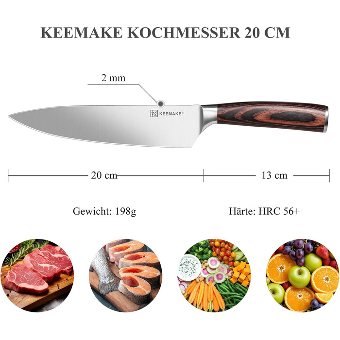 KEEMAKE Ніж кухарський 20 см, професійний ніж з високоякісної нержавіючої сталі, ніж для м'яса з ергономічною ручкою