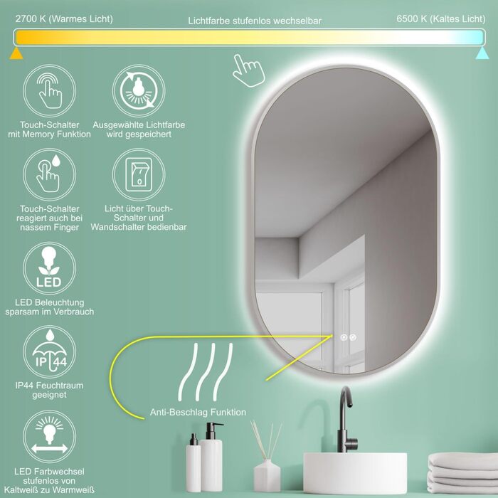 Дзеркало для ванної кімнати LED HOKO Design Turin, овальне, 45x75 см, матовий чорний каркас, сенсорне керування, LED-підсвічування, антизапарник