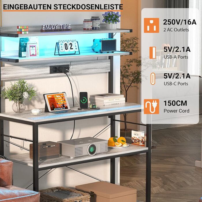 Кухонна полиця-стійка з розеткою, підставка для мікрохвильовки, 5-рівнева кавова станція з LED-підсвіткою, полиця для спецій, каструль та сковороди (80см, Білий дуб)