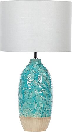Настільна лампа Beliani з керамічним цоколем блакитно-бірюзового кольору 58 см, абажур з мотивом листя, білий Ataba