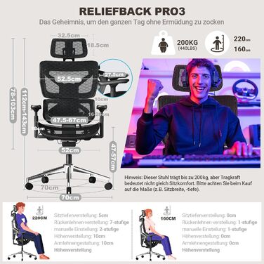 Офісне крісло MELOKEA 200 кг | Ергономічне, з підлаштовуваною спинкою | Підлокітники 4D+Magic | Крісло з підтримкою спини Reliefback Pro3 (Чорний) | Офісні крісла з 3D-підголовником та регульованою спинкою