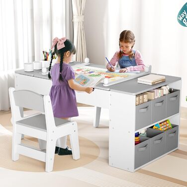 Дитячий стіл зі стільцями, дерев'яний набір, дитяча група сидінь з місцем для зберігання, стіл для малювання з рулоном паперу, стіл для малювання та рукоділля для дітей від 3 років (Сірий)
