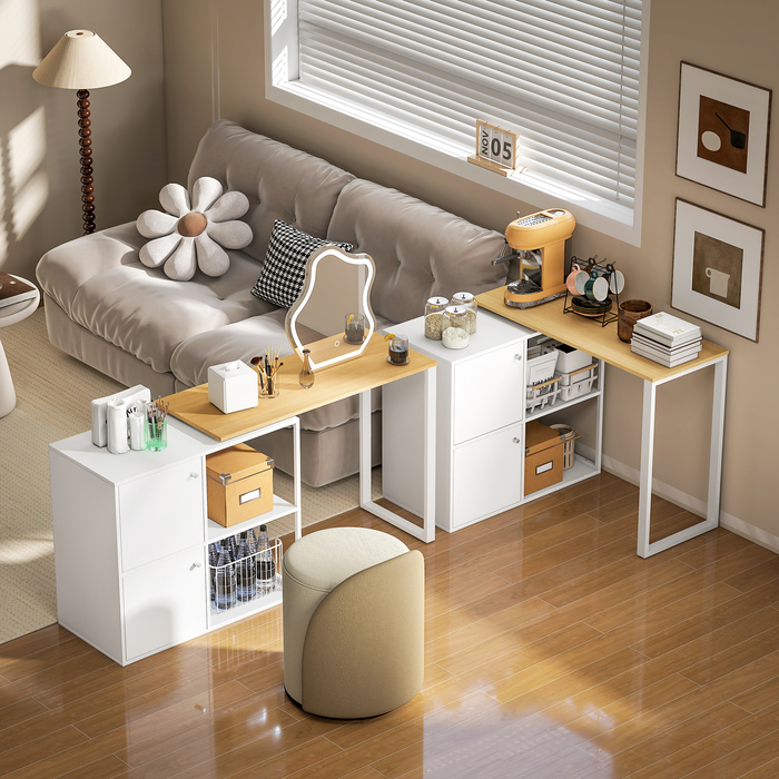 HOMCOM Кутовий стіл у формі літери L, 360° обертовий, з 2 шафками для зберігання, 2 відкритими полицями, комп'ютерний стіл для невеликих приміщень, кабінету, вітальні, 150x40x75 см, Білий