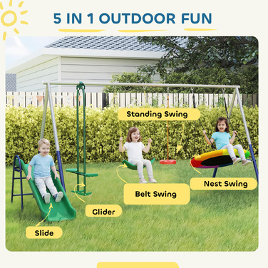 Комплекс для ігор 5-в-1 з гіркою, регульованою по висоті, з сітчастою гойдалкою, розміром 382x196x203 см, багатокольоровий