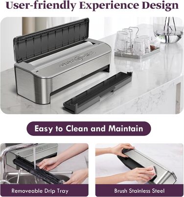 Вакууматор Mesliese 85kPa 120W для продуктів, автоматична машина для вакуумного пакування з вбудованим різаком та відсіком для пакетів, сталь, 2 рулони в комплекті