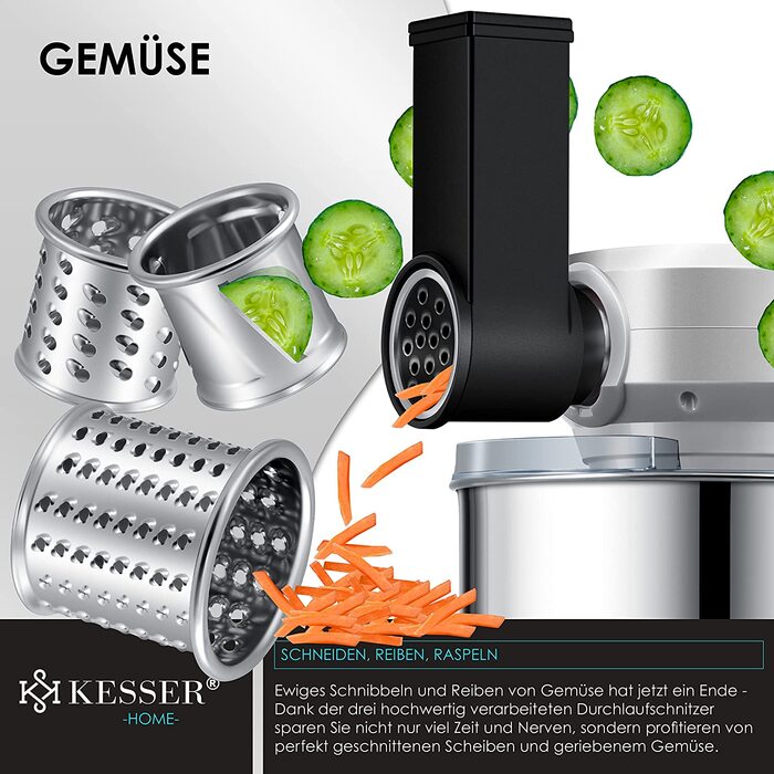 Кухонна машина KESSER 3 в 1 KM 3000 з м'ясорубкою, міксером та соковитискачем, 5.5л чаша, набір аксесуарів для пасти та випічки (срібна)