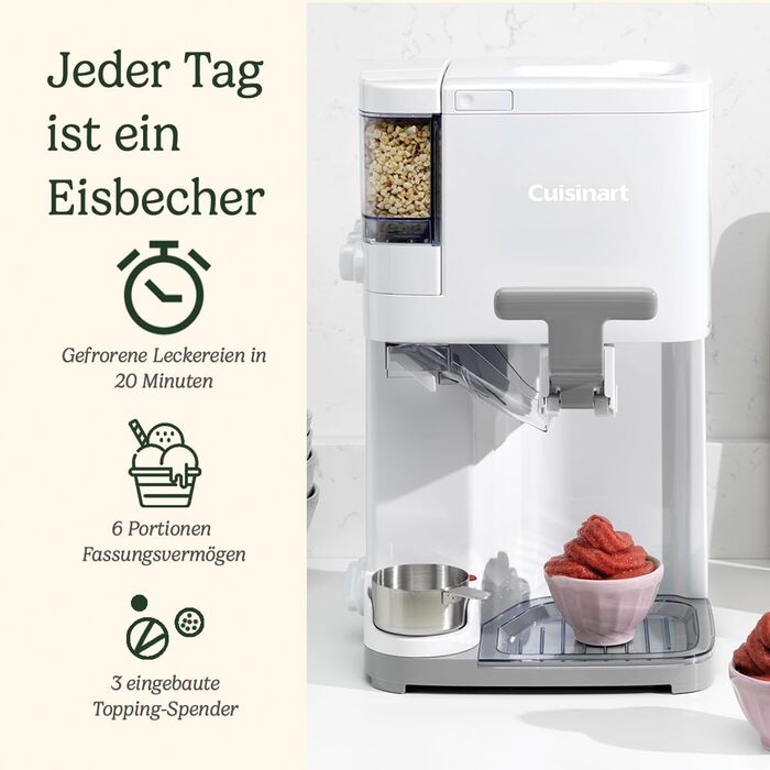 Морозивниця Cuisinart ICE48U для м'якого морозива, джелато, сорбету, безмолочного морозива та замороженого йогурту з автоматичним диспенсером топінгів, 1,42 л, 6 порцій, швидке приготування за 20 хвилин, легке очищення