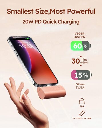 Швидкий зарядний пристрій, сумісний з iPhone (рожевий), 5000mAh, 20W PD