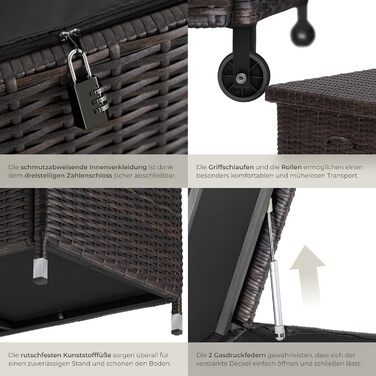 Ящик для подушок Tectake з ротангу, 270л, коричневий - водонепроникний, з замком, на колесах для саду, тераси, балкону