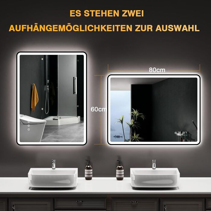 LED дзеркало для ванної кімнати 80x60 см з підсвічуванням, диммер, протитуманне покриття, 3 кольори світла, IP44, функція пам'яті, горизонтальний/вертикальний монтаж