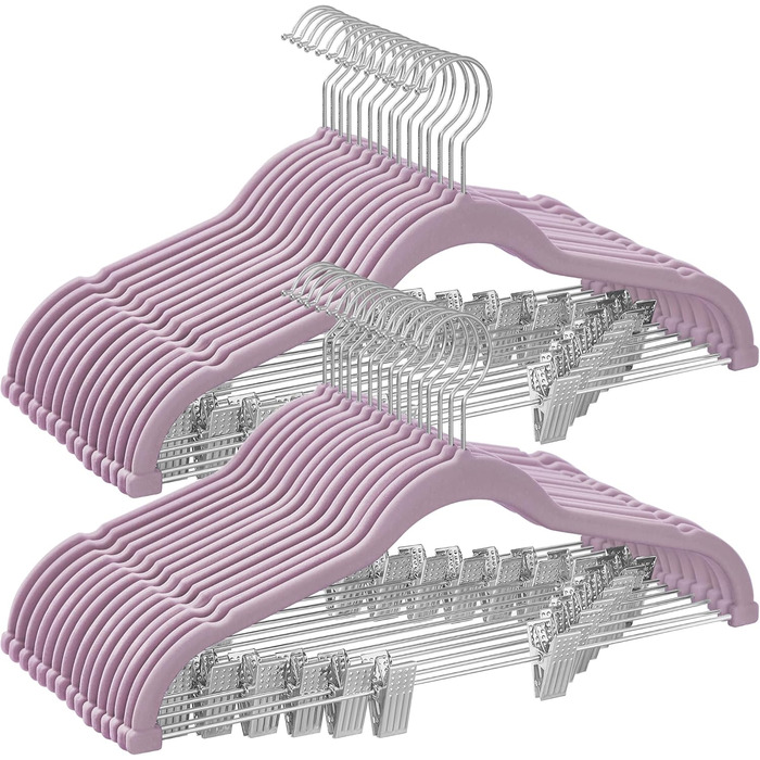 Плечики SONGMICS для одягу, 20 шт., велюрові, для штанів, пальто, суконь, 42,5 см, з регульованими кліпсами, неслизькі, економні, CRF012B20