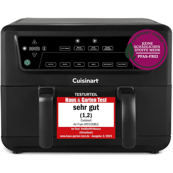 Фритюрниця Cuisinart XXL 10.4L з двома зонами, без PFAS та хімікатів. Брати, смажити, запікати, дегідратувати та підтримувати тепло. 2 камери (2 x 5.2L), 8+ порцій. Деталі придатні для миття в посудомийній машині. Чорний колір.