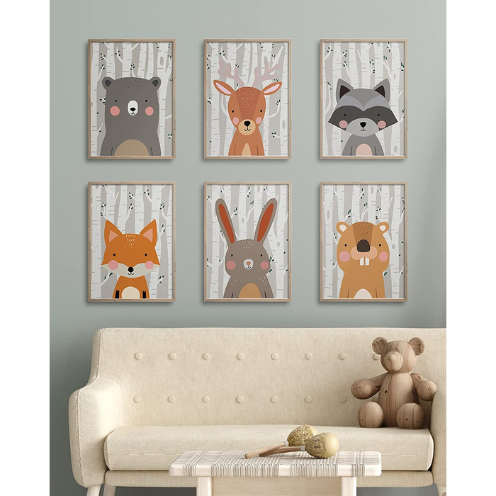 Набір з 6 дитячих постерів Hambient для кімнати дитини: тварини лісу (30x40 см, без рамки)