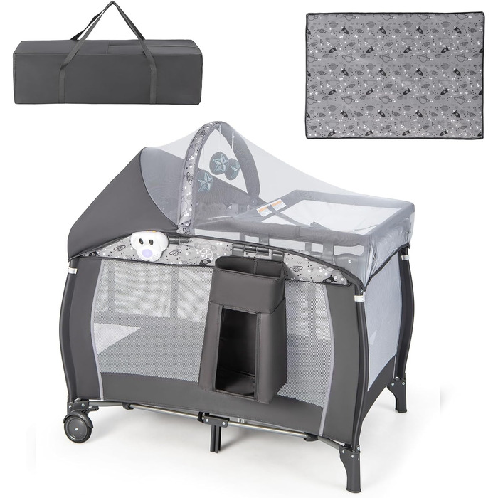 Детське туристичне ліжко Dreamade 102x72 см, 3 в 1 з матрацом, москітною сіткою та пеленальним столиком, сіре