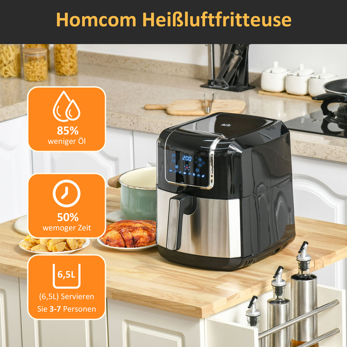 HOMCOM Фритюрниця для повітряного приготування 6,5 л, 1700 Вт, з 8 режимами, LED-дисплеєм, антипригарним кошиком для здорового приготування без олії, 36,5 x 29 x 33,8 см | Aosom