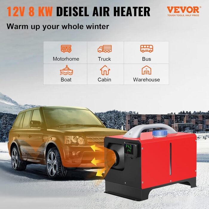 Автономний дизельний опалювач VEVOR 12V 8kW з LCD-дисплеєм, пультом дистанційного керування та Bluetooth, 10м, 0.16-0.52 л/год
