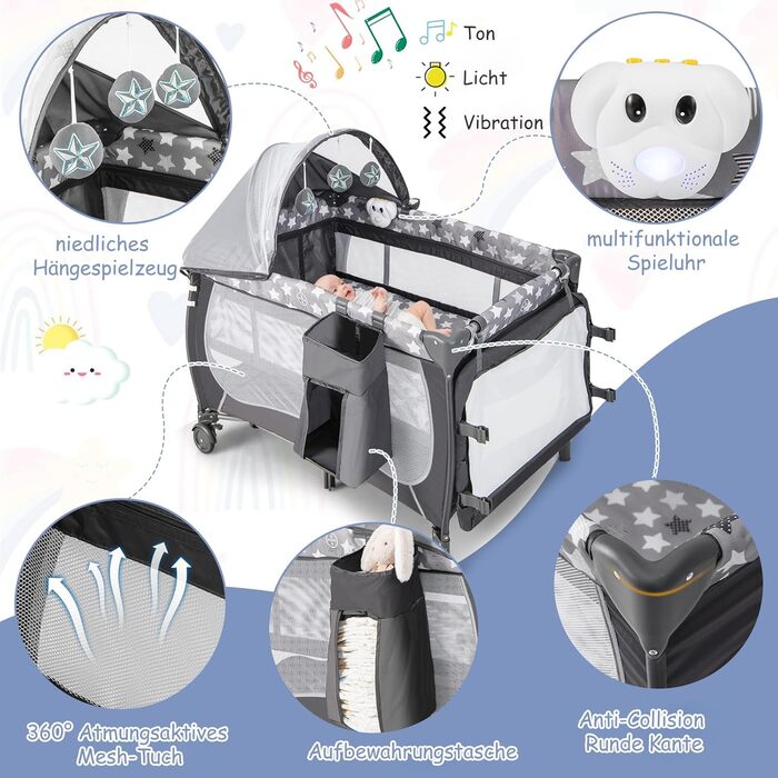 Дитяче ліжко COSTWAY 4in1 спальне місце, ліжко для подорожей, пеленальний столик, ігрова арка, до 36 місяців (темно-сірий)