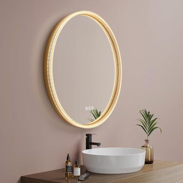 Дзеркало для ванної кімнати EMKE з підсвічуванням, 80 см, 3 кольори світла, регулювання яскравості, антизапар, сенсорне управління, функція пам'яті, енергозбереження, кругле, золотий фрейм (60x60 см)