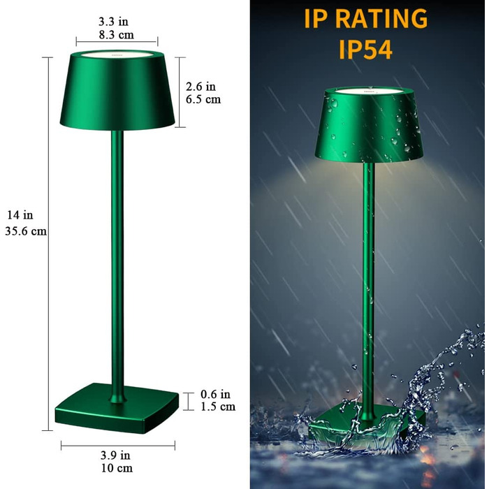 LED настільна лампа бездротова, 6000mAh, IP54, алюміній, сенсорне керування, тепле світло, для спальні, кав'ярні, ресторану (зелена)