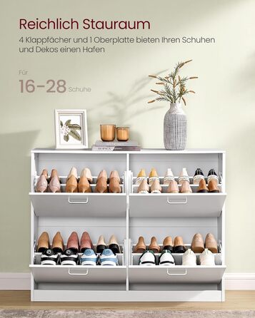 Шафа для взуття VASAGLE з 4-ма дверцятами, 16-28 пар, білий колір, регульована перегородка, 24 x 105,5 x 82,7 см