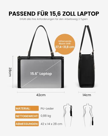 LOVEVOOK Сумка для ноутбука 15.6 дюймів, жіноча, велика, водонепроникна, сумка-шоппер, ділова, з PU шкіри, для офісу, навчання, чорна