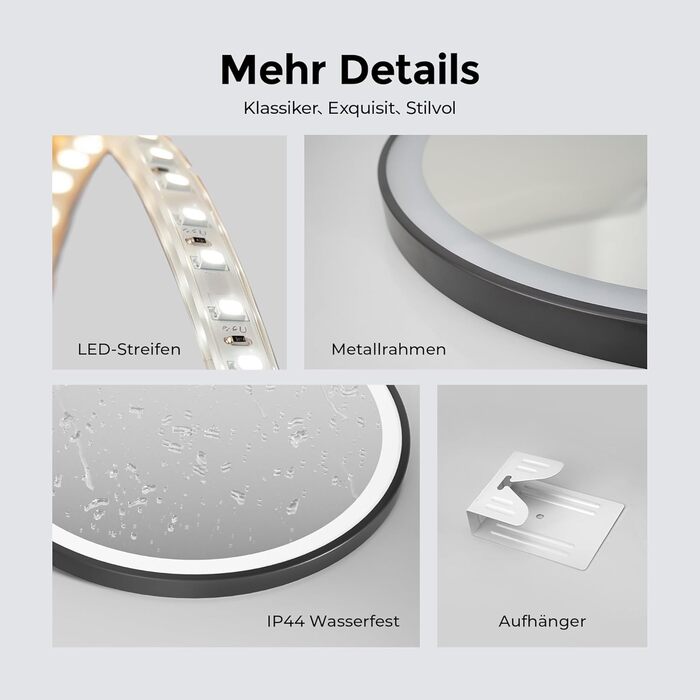 Дзеркало для ванної кімнати з підсвічуванням 60см, кругле LED дзеркало з LED-підсвічуванням, 3 кольори світла, регулювання яскравості, сенсорне управління, чорна рама, знімний монтаж 60x60 см