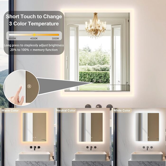 Дзеркало для ванної кімнати LUVODI з підсвічуванням 40x50 см: регульоване LED дзеркало з 3 кольорами світла, сенсорне управління, запобігає запотіванню, водонепроникне, настінне дзеркало для ванної кімнати, горизонтальне/вертикальне кріплення 50 см x 40 см