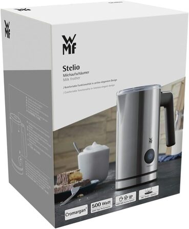 Електричний спінювач молока WMF Stelio, 500 Вт, 150-250 мл, антипригарне покриття, бездротовий, для гарячого та холодного молока, какао, cromargan матовий/сріблястий