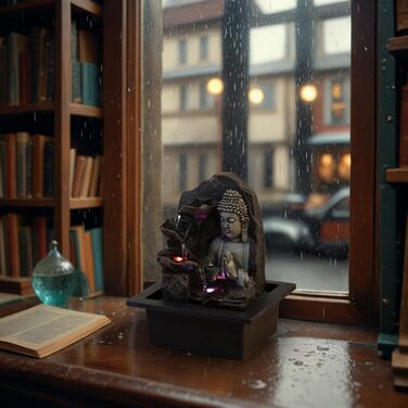 Джерело Zen'Light Zimmerbrunnen з Буддою та LED-підсвіткою - Сучасна декор для медитації та релаксації, Фен-Шуй, 26 см, горіх