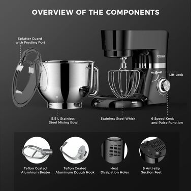 Кухонна машина POWWA 5.5L з 6 швидкостей, 1500W, для замішування тіста, з міксером, гаком для тіста та насадкою для збивання, чорного кольору