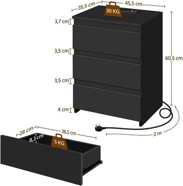 Нічний столик Yaheetech з 3 висувними ящиками, 2 розетками AC та 2 USB-портами, чорний колір. Підходить для спальні/вітальні.