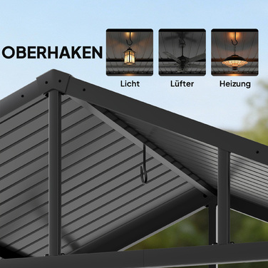 Намет для барбекю 2,52 x 1,56 м, Водонепроникний павільйон для гриля з двосхилим дахом, полицями та гачками, сталевий каркас, чорний