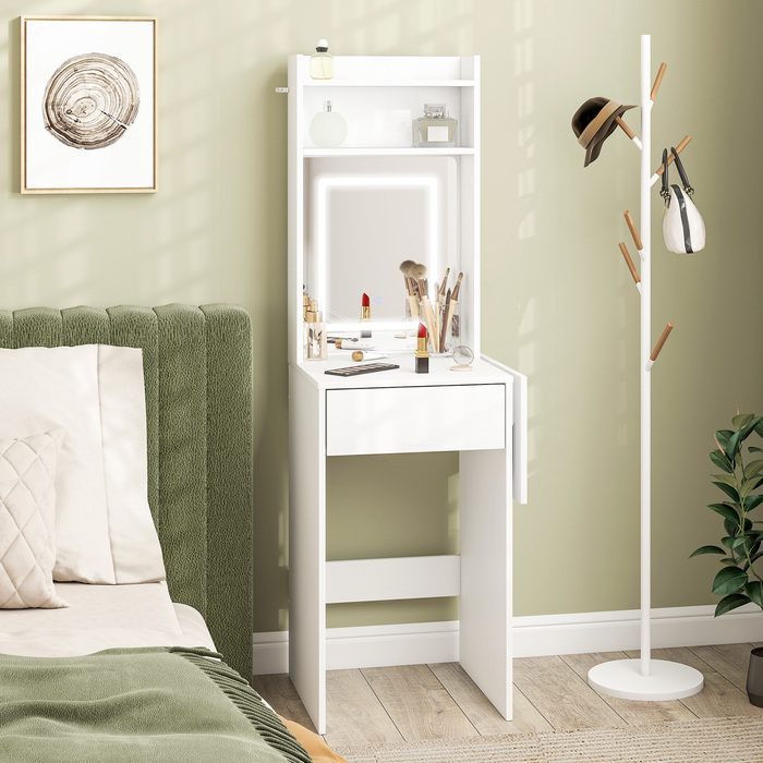 Компактний туалетний столик зі дзеркалом та LED-підсвіткою, відкидна стільниця, відкриті полиці, ящик для зберігання, виготовлений з МДФ, колір білий