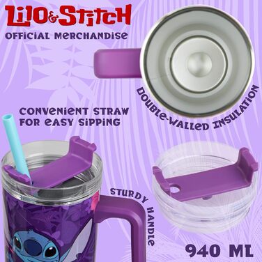 Термокружка Disney Stitch об'ємом 940 мл з ручкою, кришкою та трубочкою, двостінна ізольована, підтримує 17 годин холодну температуру, 8 годин теплу та 45 годин замороженість