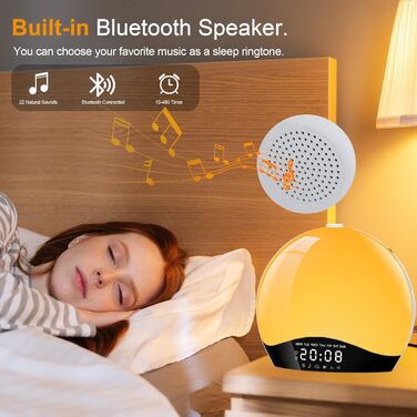 Світловий будильник з Bluetooth, денний будильник, світло для пробудження, будильник зі світлом, імітація сходу і заходу сонця, динамік Bluetooth, 22 звуки природи, приліжкова лампа для дітей з яскравістю 20 Вт Тепла
