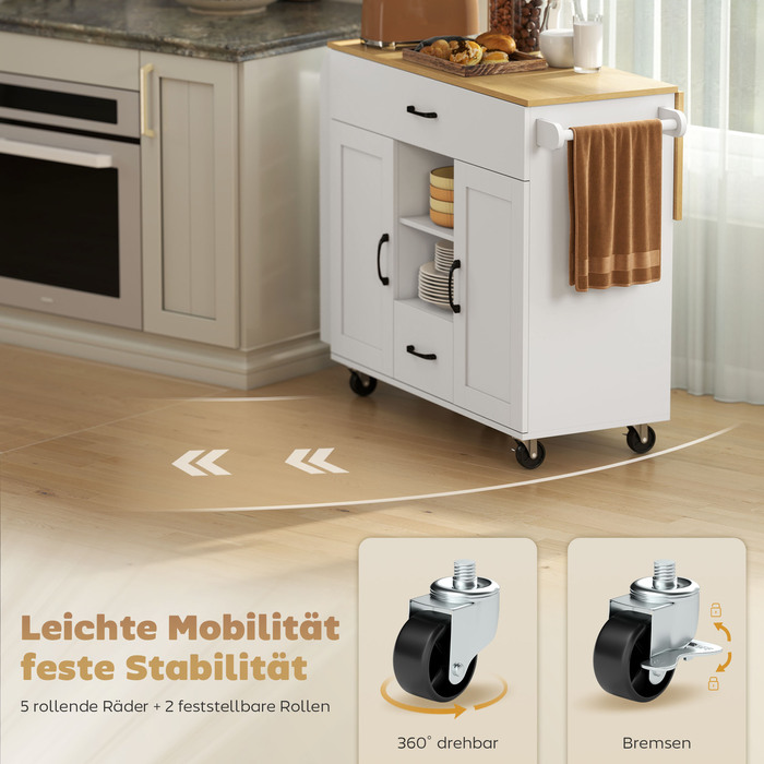 Кухонний острів на коліщатках з розкладним робочим столом, фасади з м'яким закриванням, висувні ящики, тримач для рушників, МДФ, білий