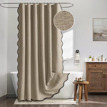 Шторка для душу MIULEE 120x200 см, льон, текстурована, з чорною окантовкою, готельний стиль, водонепроникна, антигрибкова, тканинна, з 8 кільцями, бежева