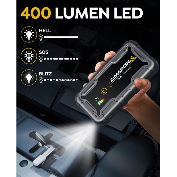 Powerbank з компресором та пусковим пристроєм AIMAPOW для автомобіля: 27000mAh, 160PSI, 6000A, LED-ліхтар, сумісний з бензиновими та дизельними двигунами (до 12.0L)