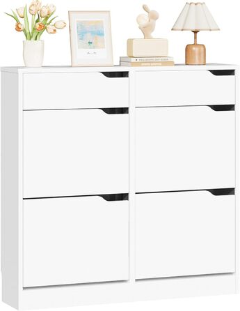 Шкаф для взуття IRONCK з 4 дверцятами, вузький, з 2 висувними ящиками, окремо розташований, з регульованими перегородками, для передпокою, входу та вітальні (Білий) 100*23.5*98 см, Білий