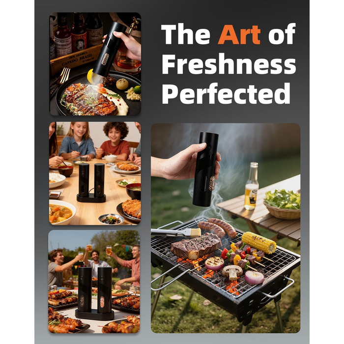 Електричний набір для солі та перцю з зарядною станцією, об'єм 110 мл, перезаряджувана млинка для солі з 5 рівнями, керамічна млинка з щіткою, 2 шт., чорний