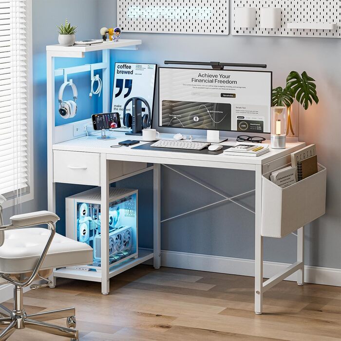 Ігровий стіл Grandder 120 см з розеткою та LED-підсвіткою, білий. Комп'ютерний стіл з регульованими полицями та ящиком, для дому та офісу 120 x 50 см